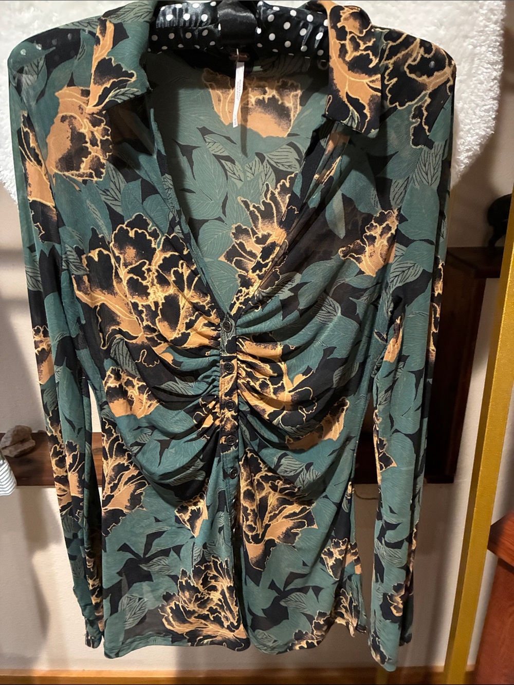 Free People Ruched Floral Long-Sleeve Dress in Green and Gold